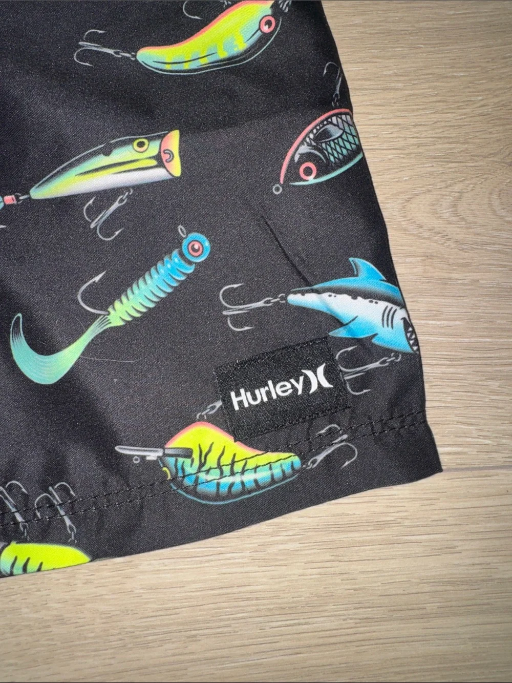 Hurley Black Swim Trunks with Turquoise Waistband and Neon Lure Print